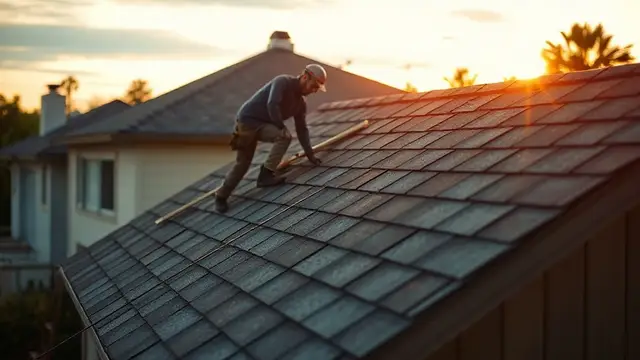 Roofing crew installing shingles on a suburban roof