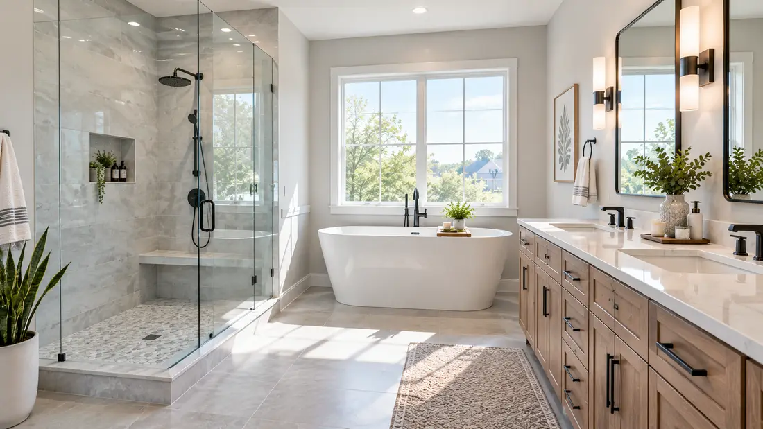 Remodeled bathroom with a glass shower and freestanding tub