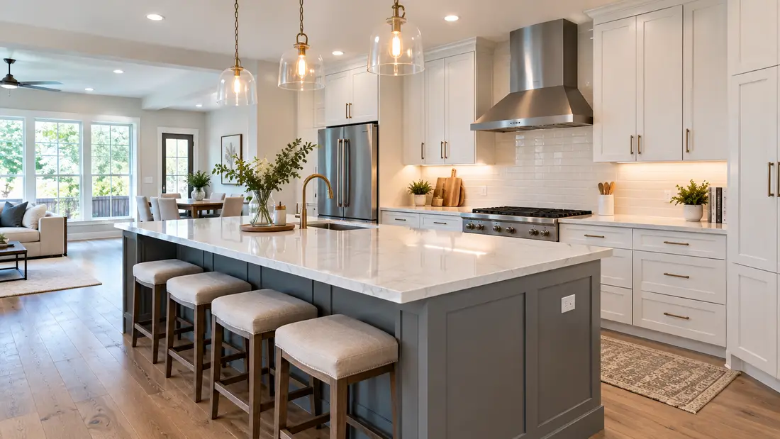Remodeled white kitchen with a gray island, bar stools and pendant lights