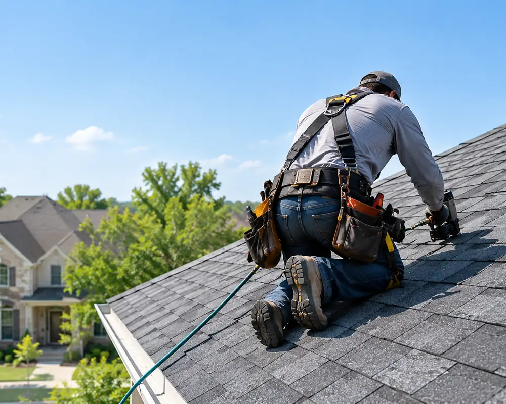 Roofer in a safety harness nailing new shingles on a house roof