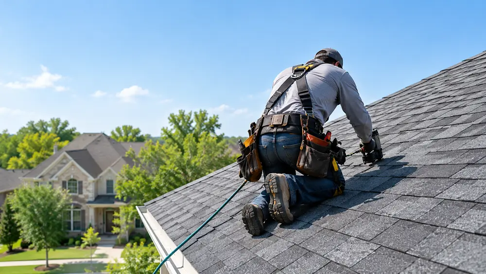 A roofer in a safety harness working on a shingle roof (illustration image)