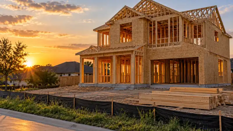Illustration: a custom two-story home in the framing stage at sunset