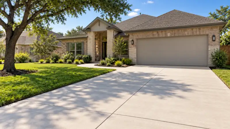 Illustration: a new broom-finish concrete driveway and walkway in front of a brick home