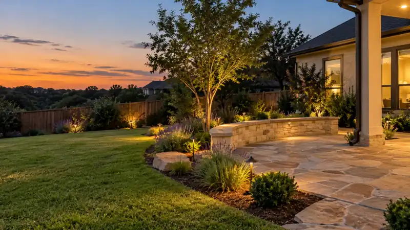 Illustration: a finished backyard with a flagstone patio, stone seat wall, new plants and path lights at dusk