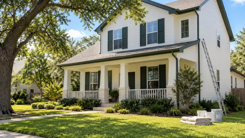 Illustration: a freshly painted two-story house with dark green shutters, a ladder and drop cloths on the lawn