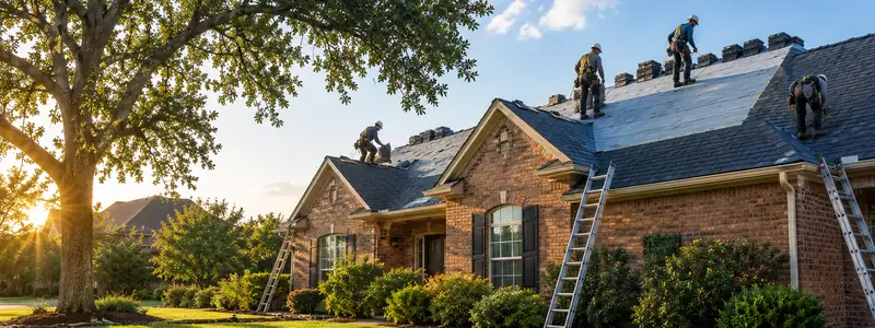 A roofing crew replacing the roof of a brick home in Texas