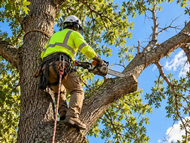 Illustration: arborist tied in with a rope, pruning a large oak next to a brick house