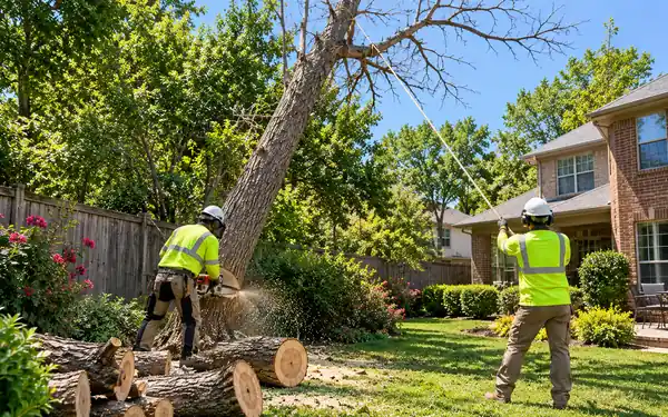 Illustration: two tree workers removing a dead tree in a backyard in spring