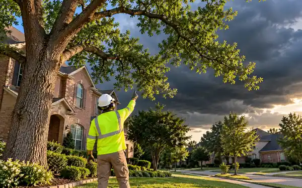 Illustration: arborist pointing at a heavy branch over a roof as storm clouds build