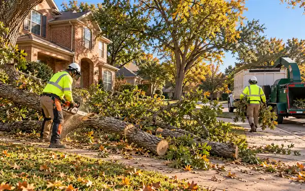 Illustration: tree crew cutting up a storm-broken limb and loading a chipper in fall